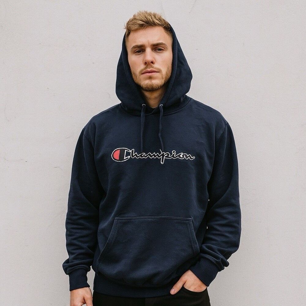 Champion Hoodie Mens M Navy Blue Pullover Sweatshirt Embroidered Logo Streetwear